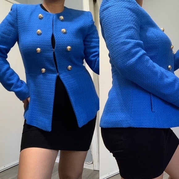 Zara Women Blue High Neck Double Breasted Textured Tailored Cotton Blazer Size M - Picture 4 of 17